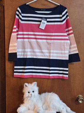 Chaps Navy, Pink & White Striped 3/4 Sleeve Tee